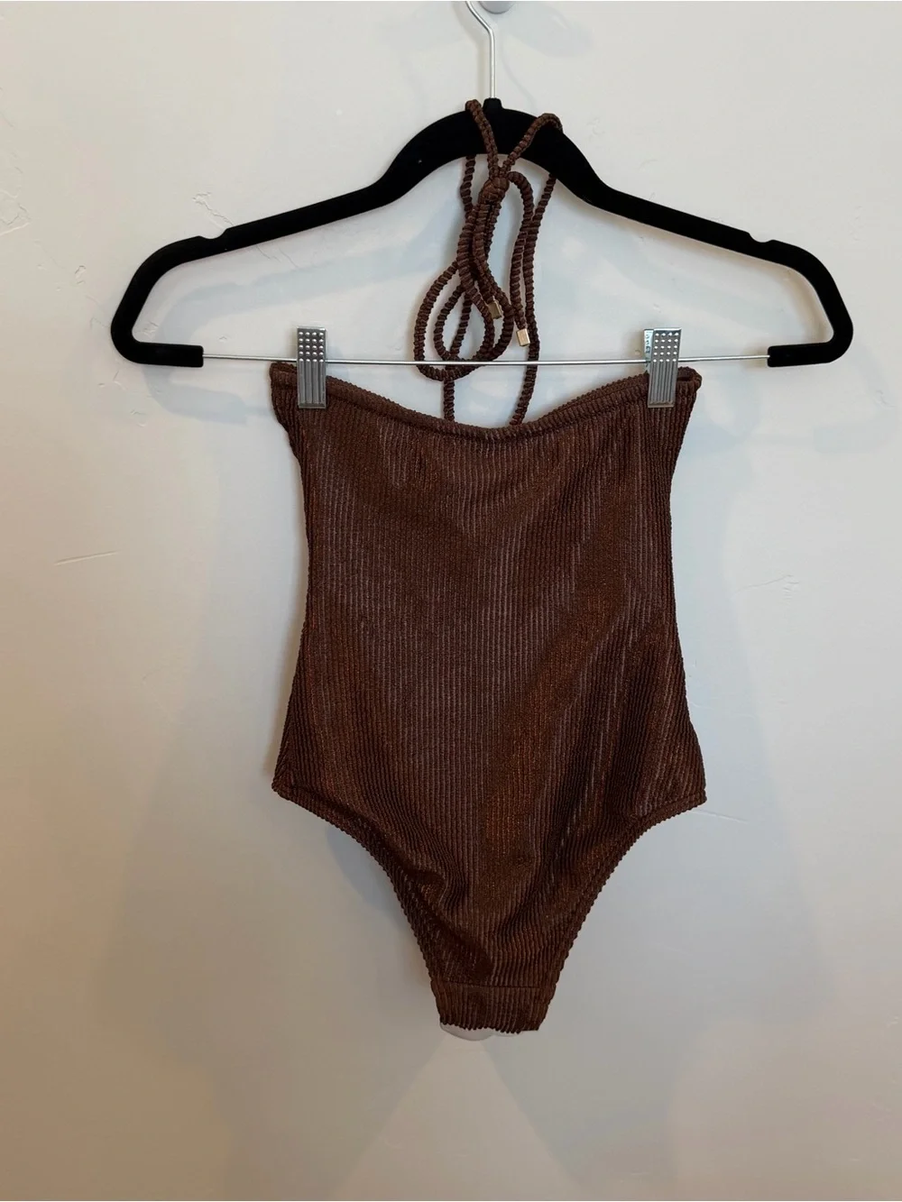 South Beach Shiny Crinkle Cut Out Halter Swimsuit, Brown, 2